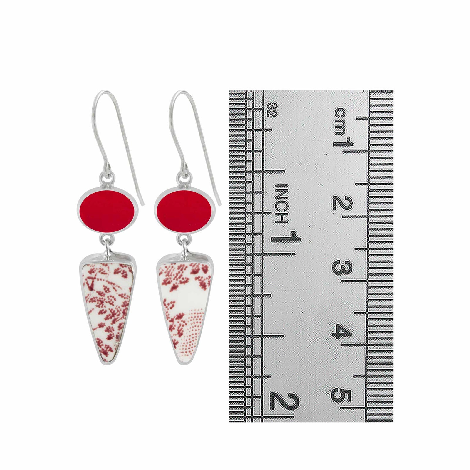 Sterling Silver Earring With  Pottery Shards Red, Sea Glass
