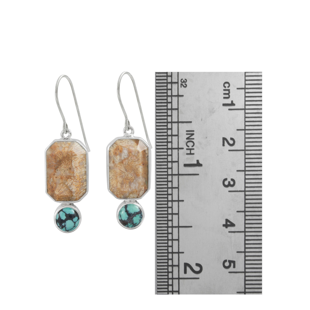 Sterling Silver Earring With Coral Rectangle, Turquoise Round