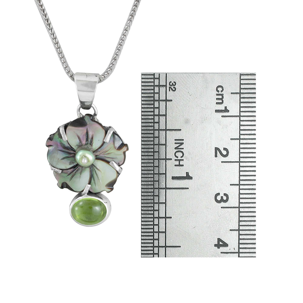 Sterling Silver Pendant With Mop Flower Black, Peridot Oval Cab
