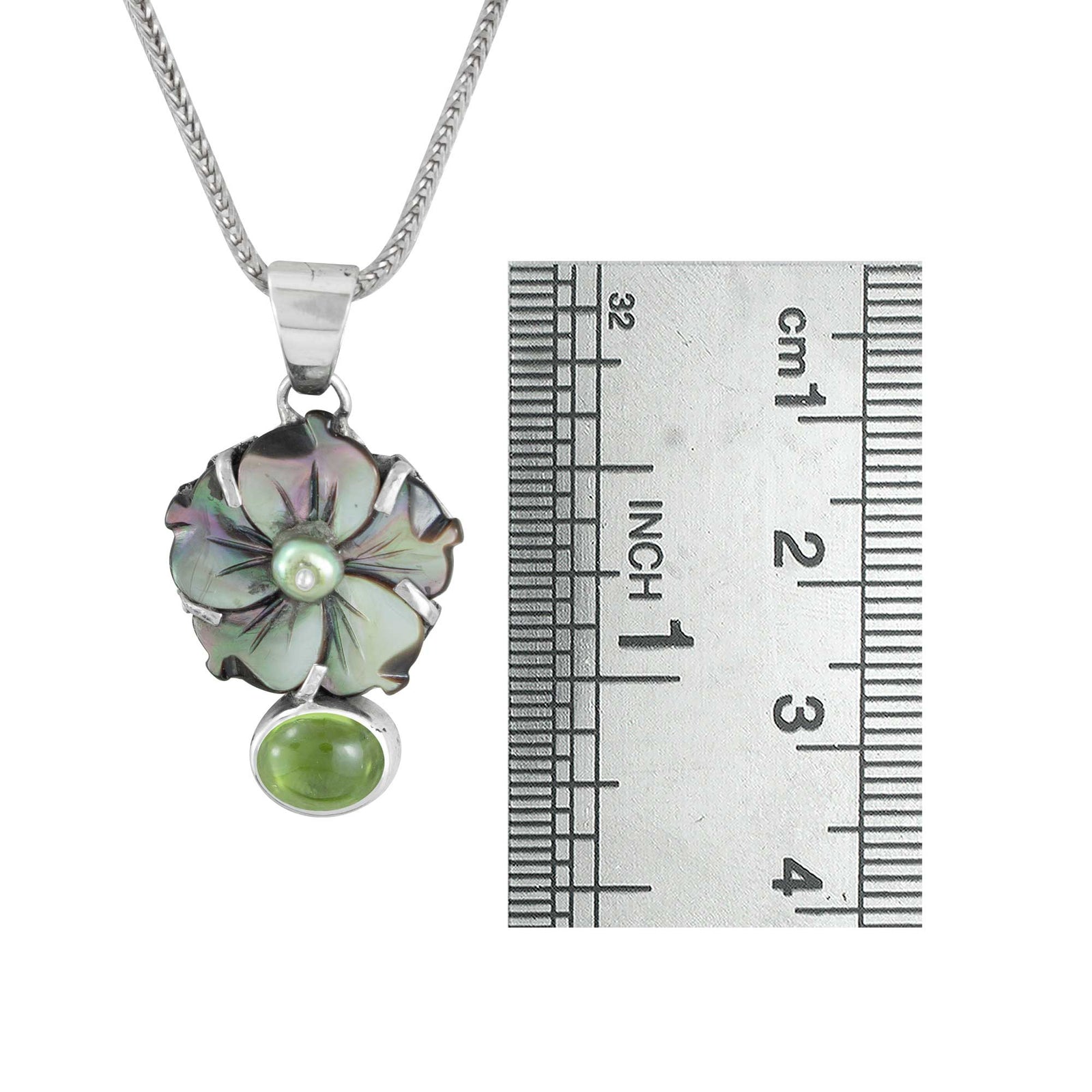 Sterling Silver Pendant With Mop Flower Black, Peridot Oval Cab