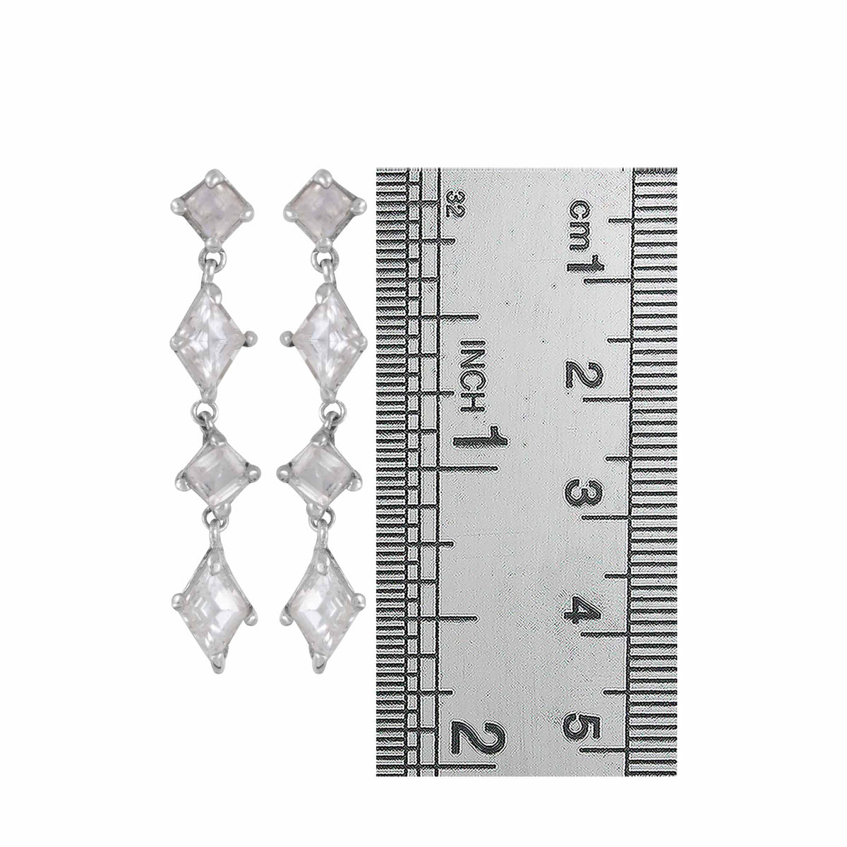 Sterling Silver Earring With Rainbowmoon Stone Square Facet, White Topaz Diamond
