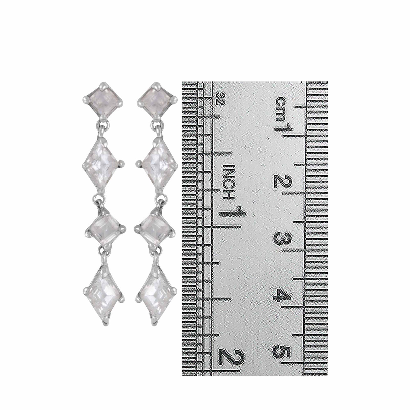 Sterling Silver Earring With Rainbowmoon Stone Square Facet, White Topaz Diamond