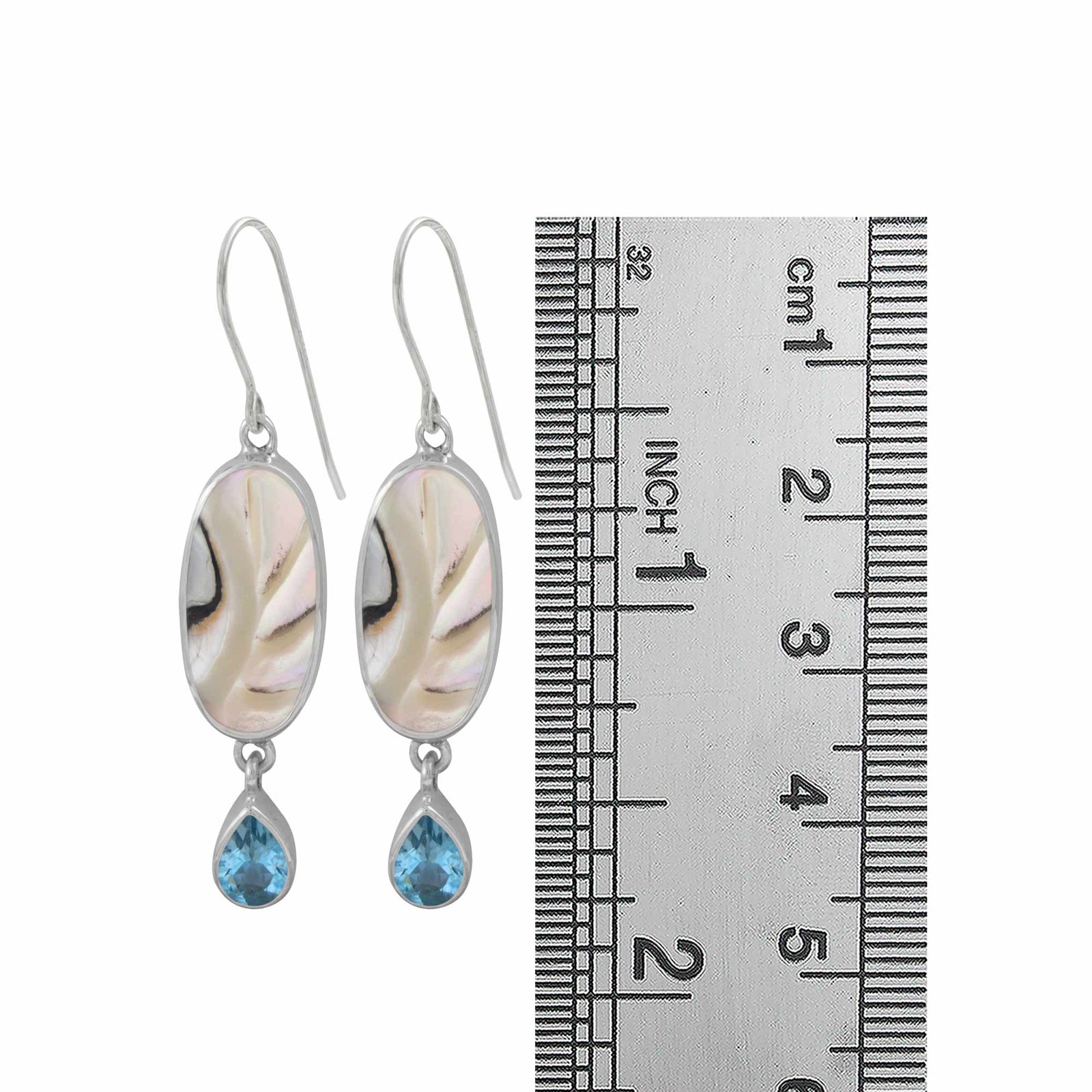 Sterling Silver Earring With Shell Nautilas Oval, Blue Topaz Pear Facet