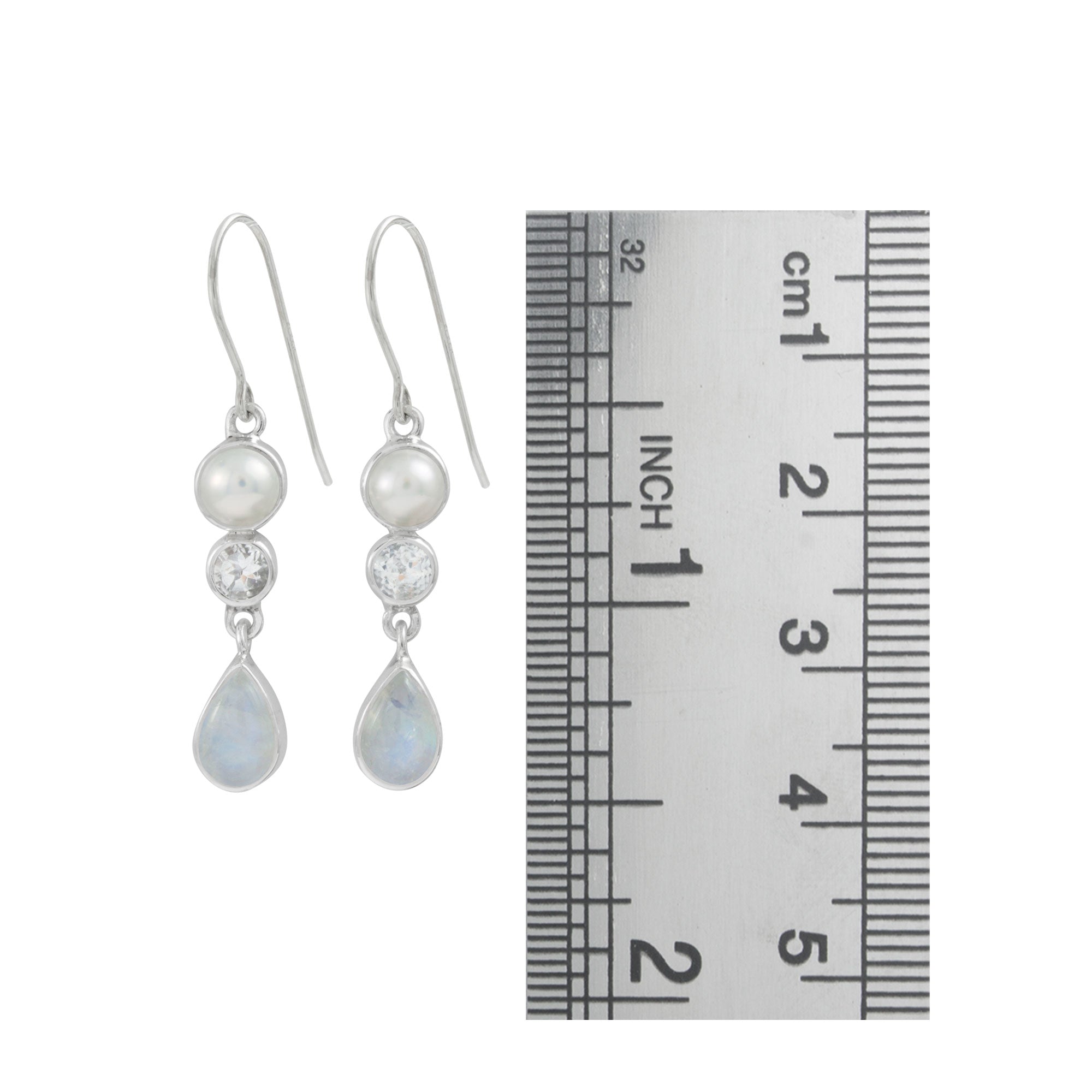 Sterling Silver Earring With 2 Round Stone, Pear Drop