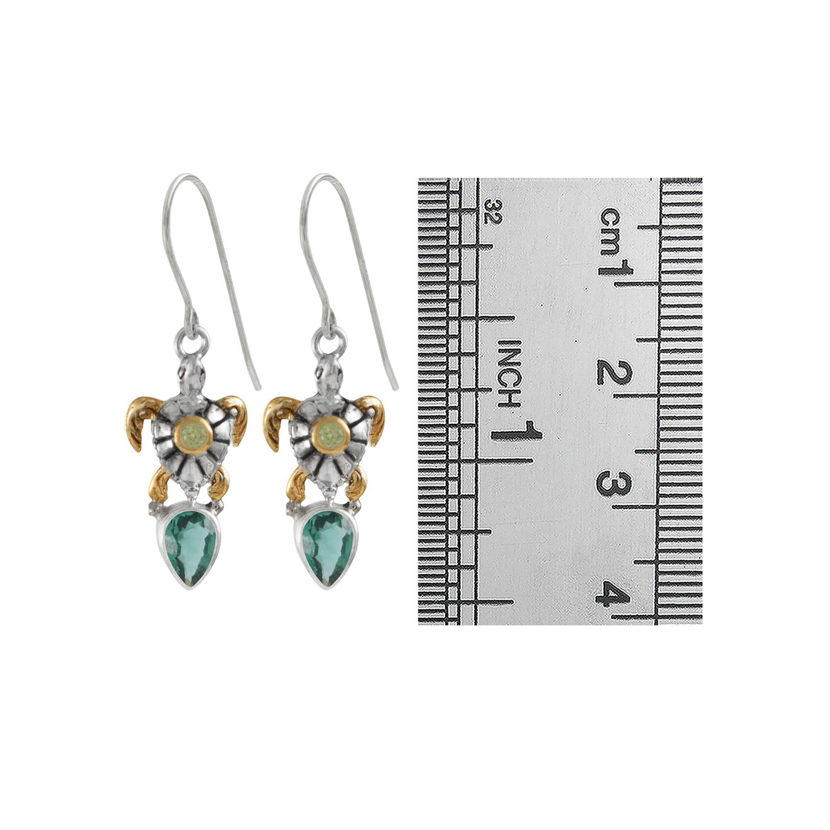 Sterling Silver Earring Turtle Component With Peridot And Green Quartz Facet