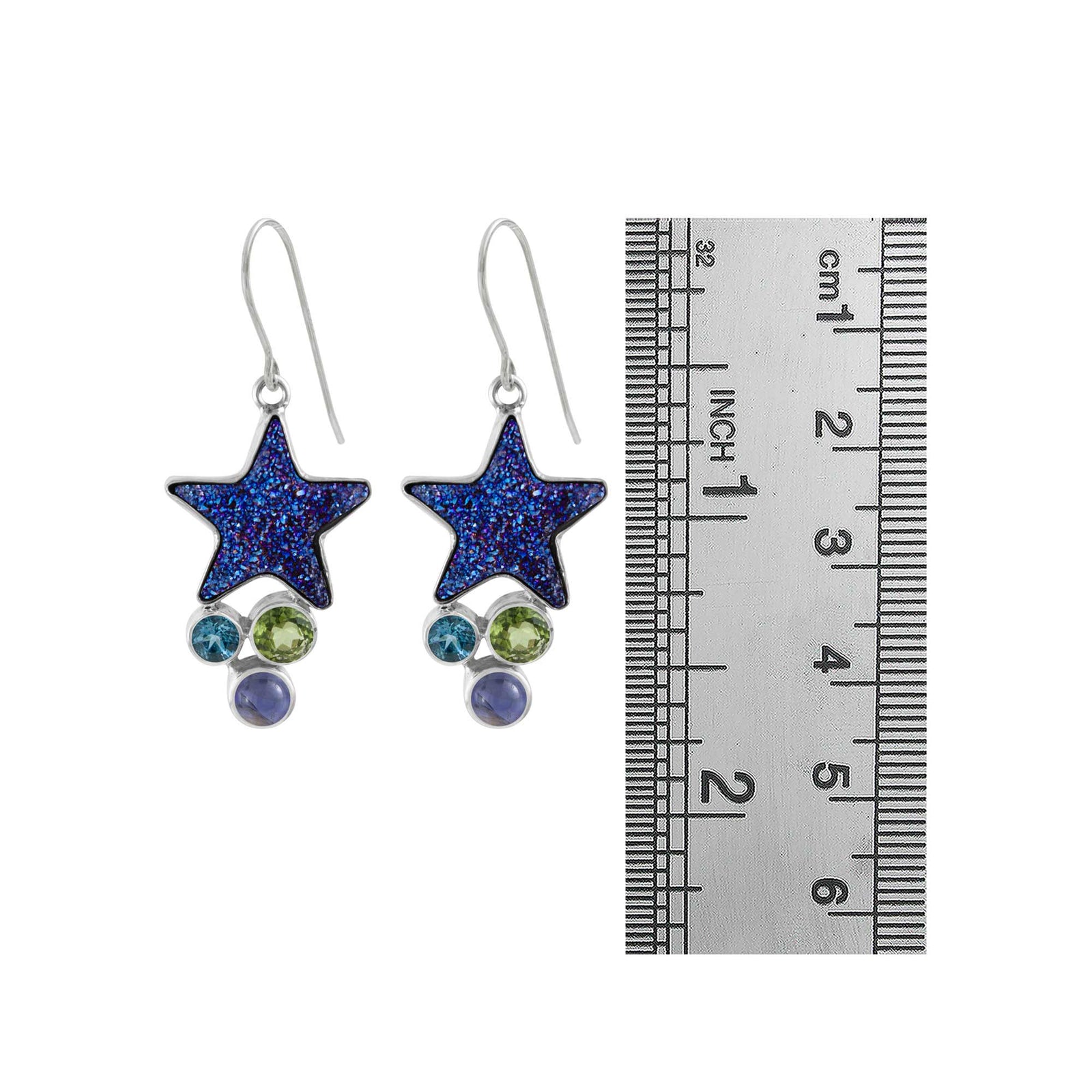 Sterling Silver Earring Star Druzy With Peridot, Blue Topaz,iolite Round