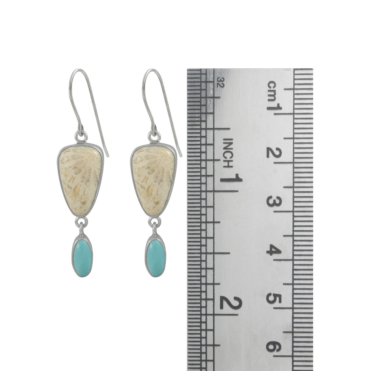 Sterling Silver Earring With Coral Tongue, Turquoise Oval Drop