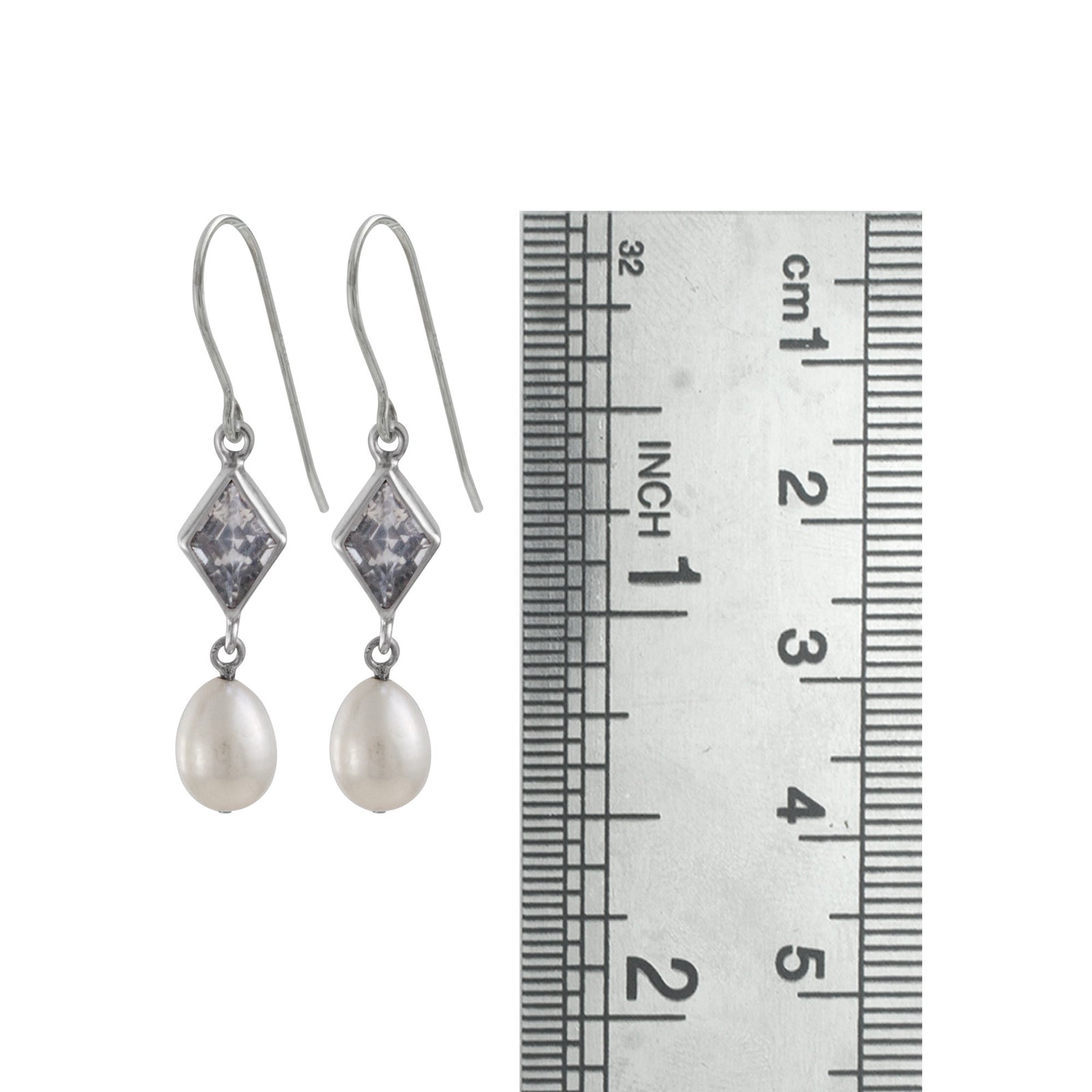 Sterling Silver Earring With Topaz Diamond Facet, Pearl Drop