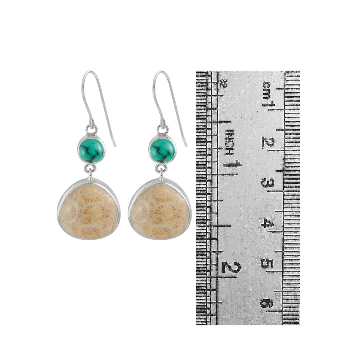 Turquoise and Fossilized Palm Drop Earrings