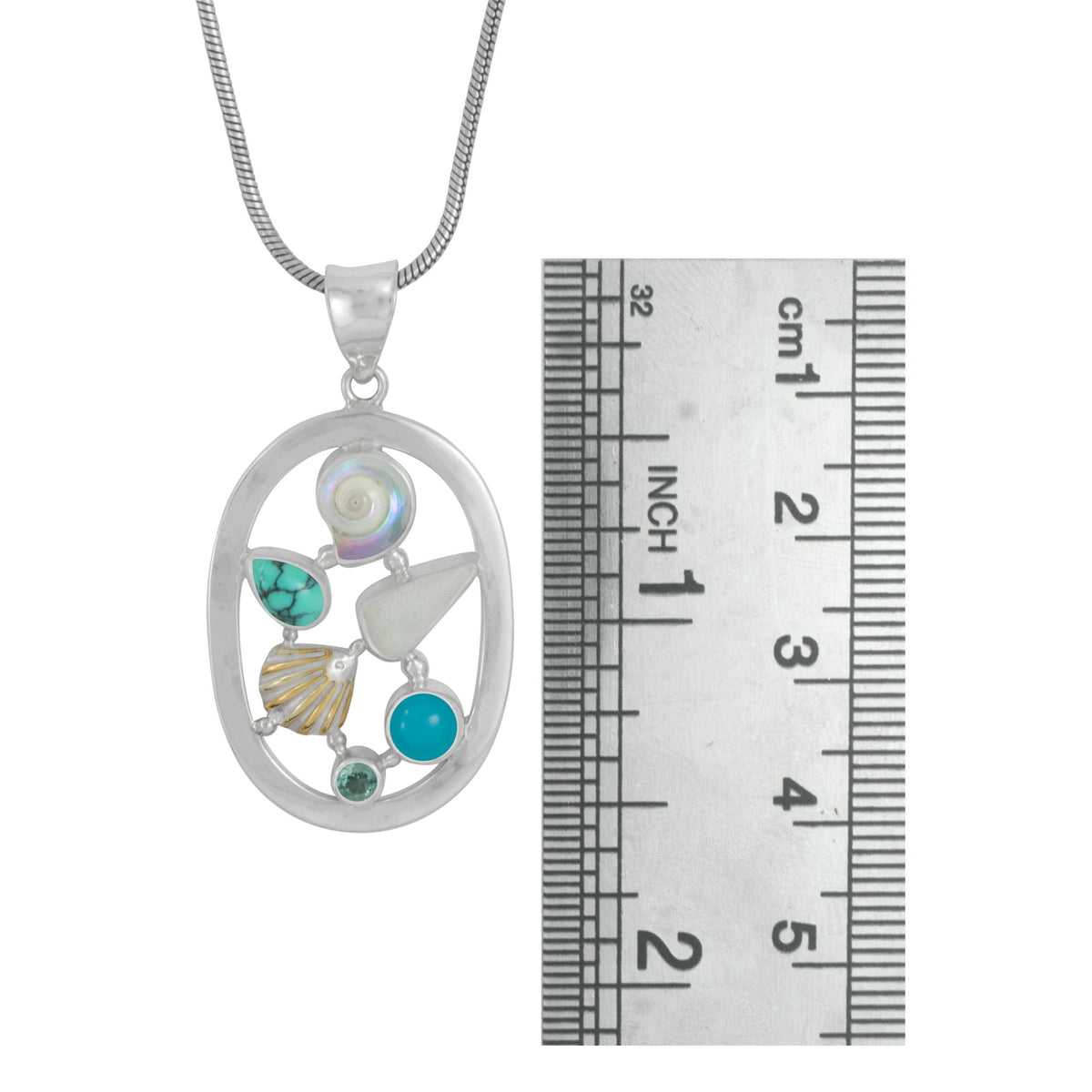 Sterling Silver Pendant With Shall Malabar Turbos, Sea Glass White, Turquoise Round, Green QuartzACET