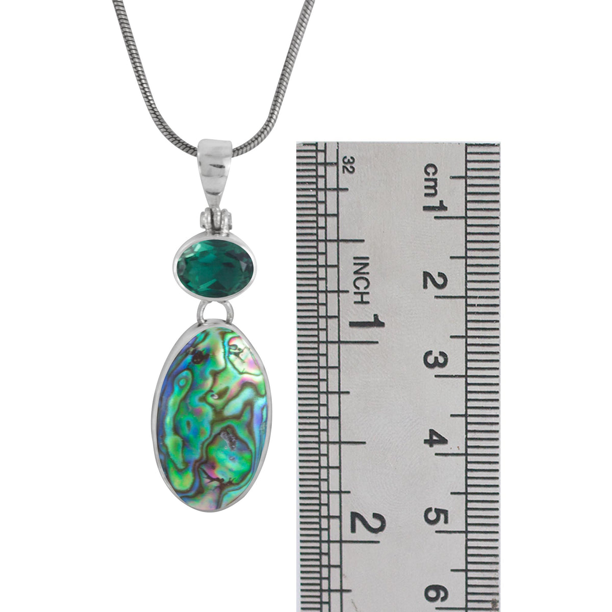 Sterling Silver Pendant with Green Quartz Oval Facet, Paua Drop