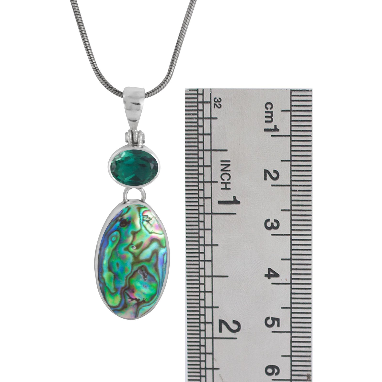 Sterling Silver Pendant with Green Quartz Oval Facet, Paua Drop