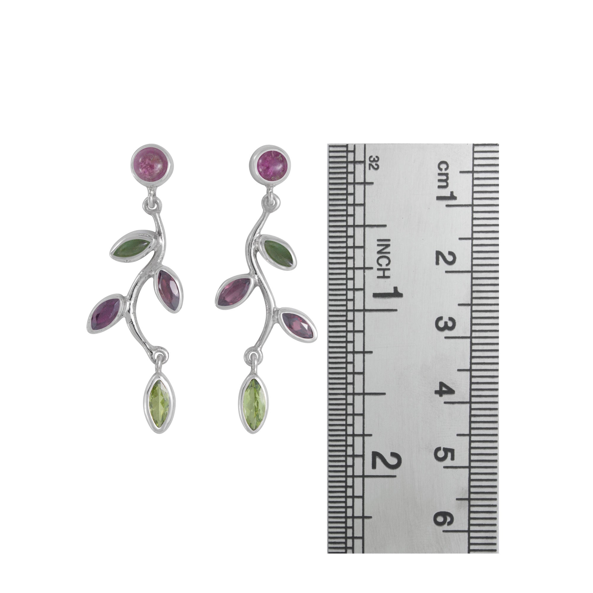Sterling Silver Earring With Pink Tourmaline Round Cab & Maquoise Face, Peridot Facet, Green Topaz Facet