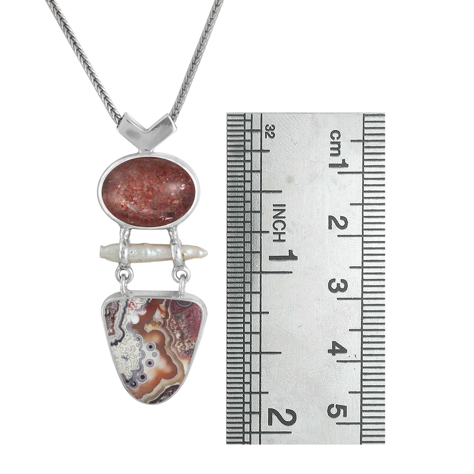 Sterling Silver Pendant With  Sun Stone Oval, Pearl Biwa, Lace Agate Tounge