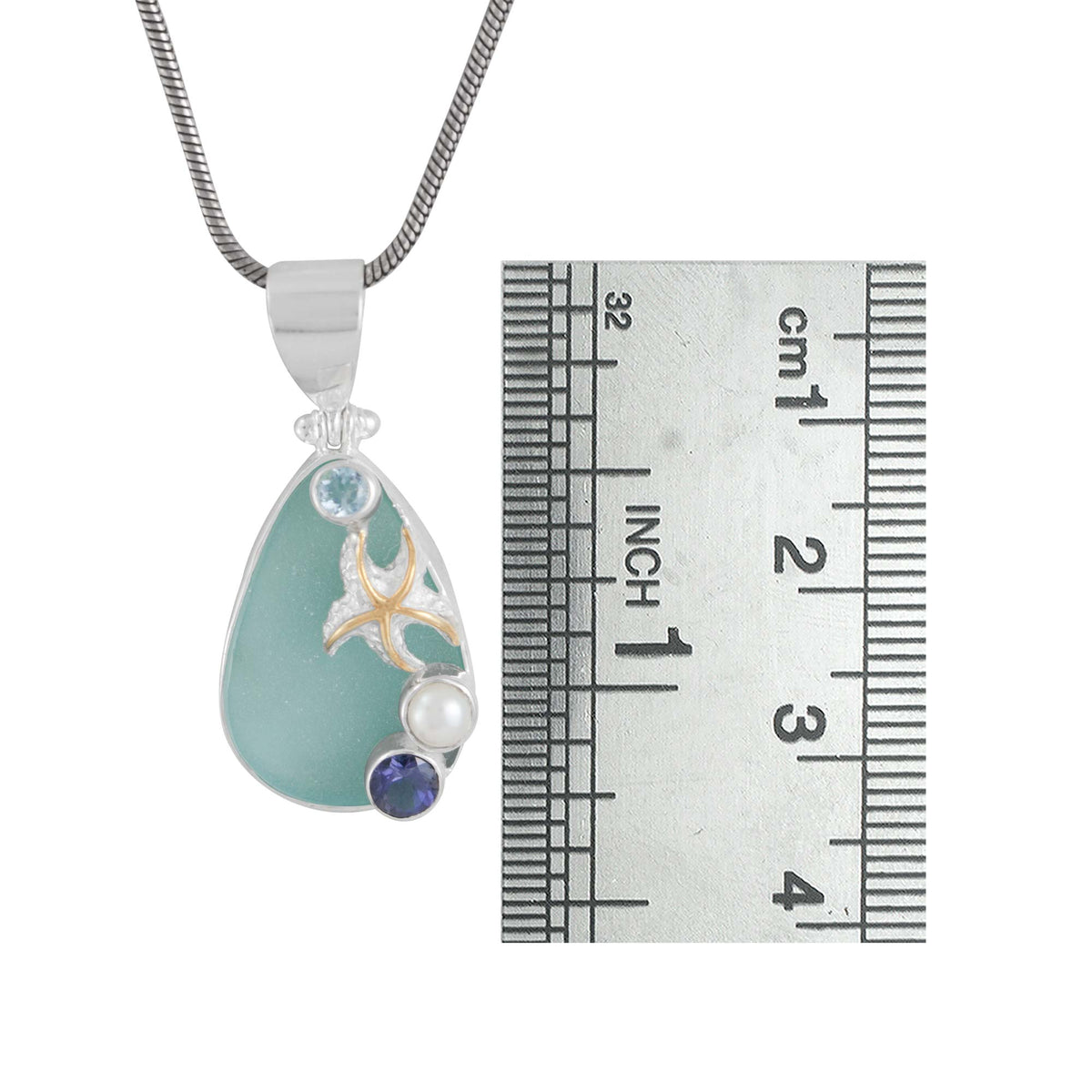 Cobalt Blue Sea Glass Pendant with Cascading Gems and Starfish