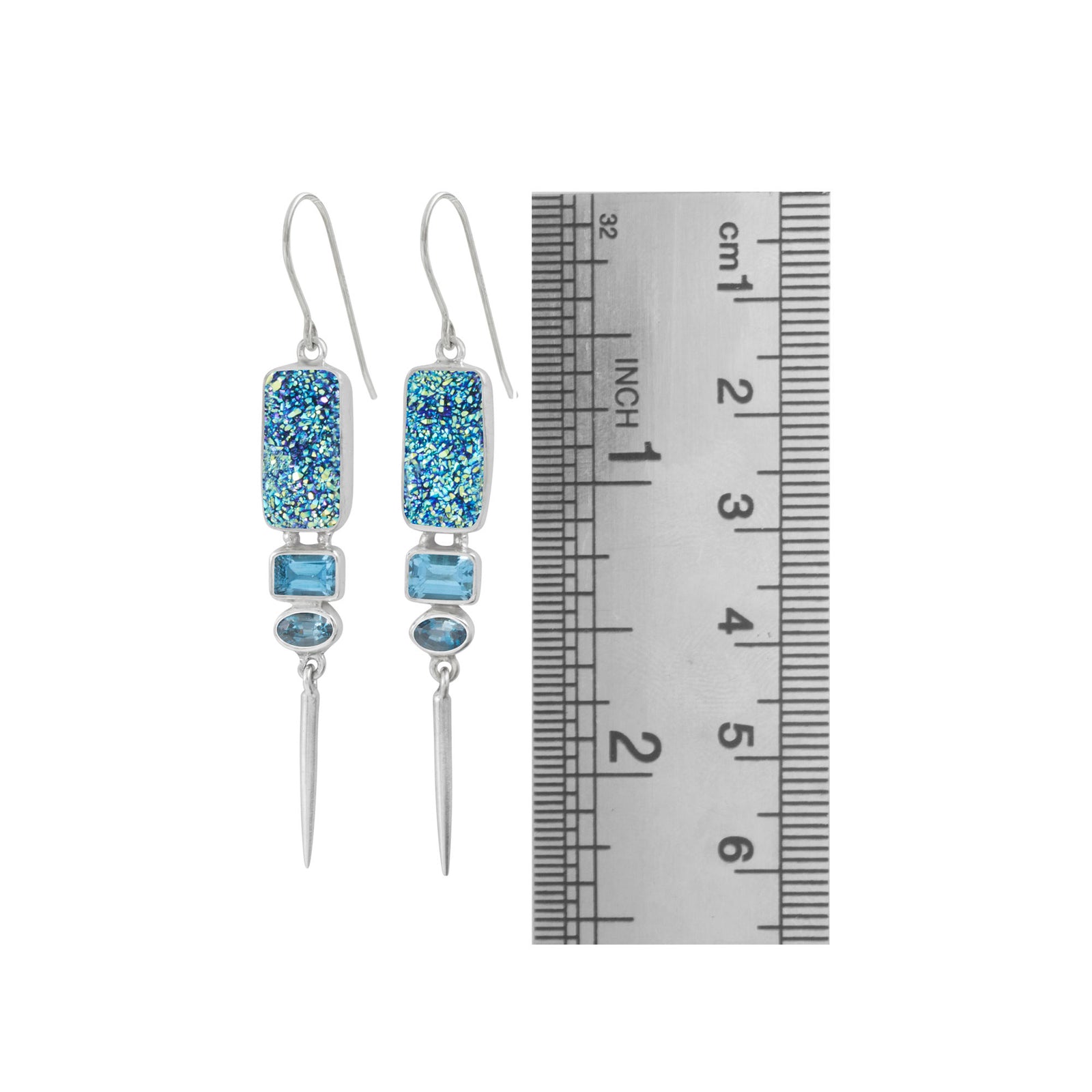 Sterling Silver Earring With Druzy Cassiopia Seas, Blue Topaz Rectangle, London Blue Oval Facet