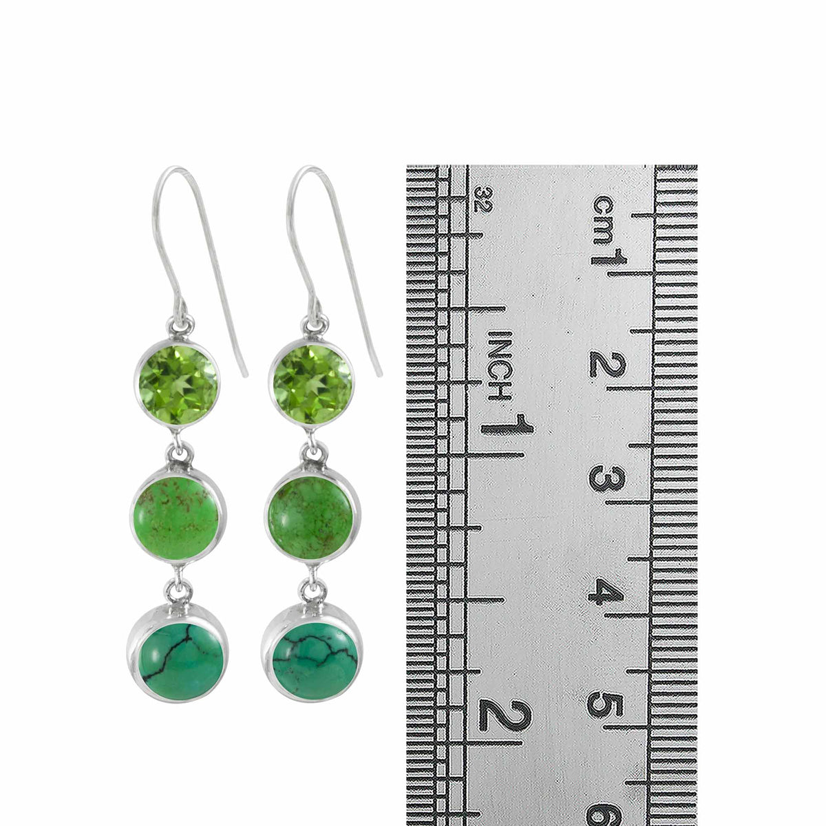 Sterling Silver Earring With Turquoise Round, Peridot Round Facet, Gaspieite