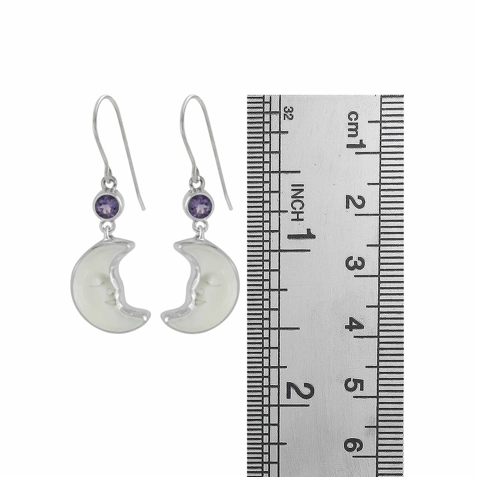 Sterling Silver Earring Half Moon With Amethyst Round Facet