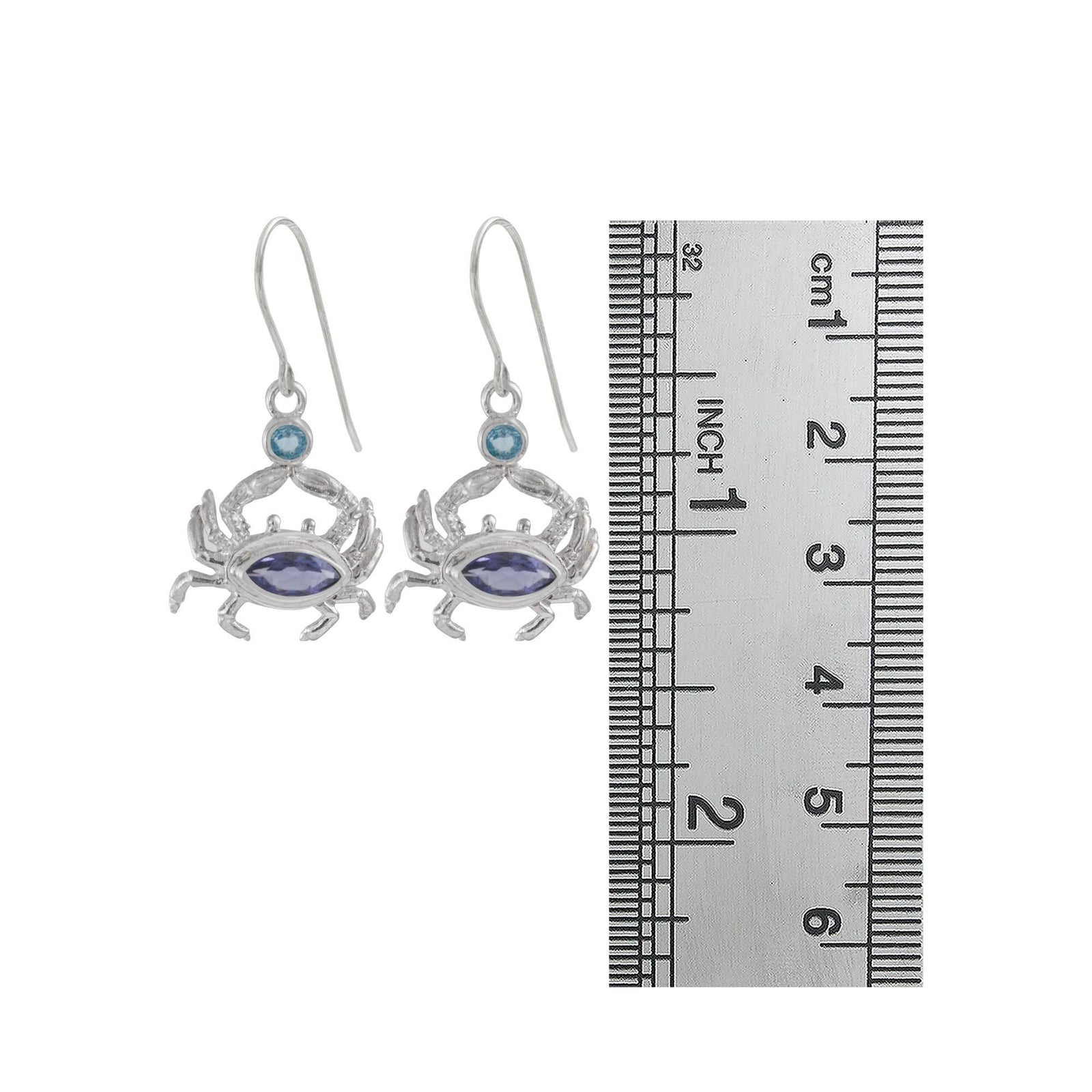 Sterling Silver Earring Crab Component With Blue Topaz Round Facet, Iolite Marqouise Facet