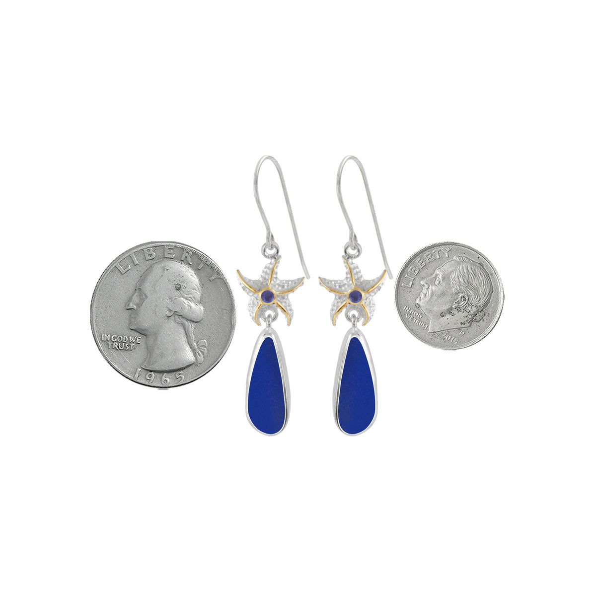 Sterling Silver Earring With Star Coponent, Sea Glass, Iolite,Blue Topaz, Peridot Round