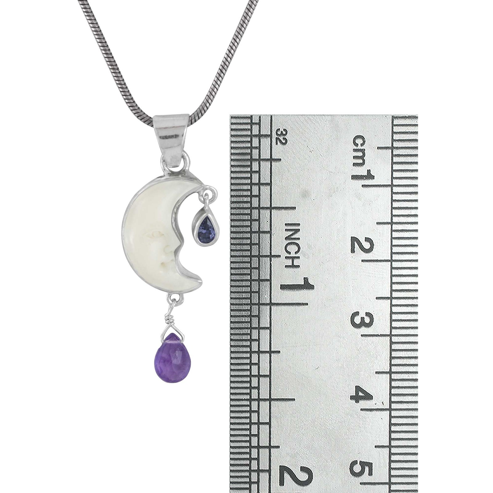 Strling Silver Pendant Half Moon Face With Iolite Facet, Amethyst Pear Briolet