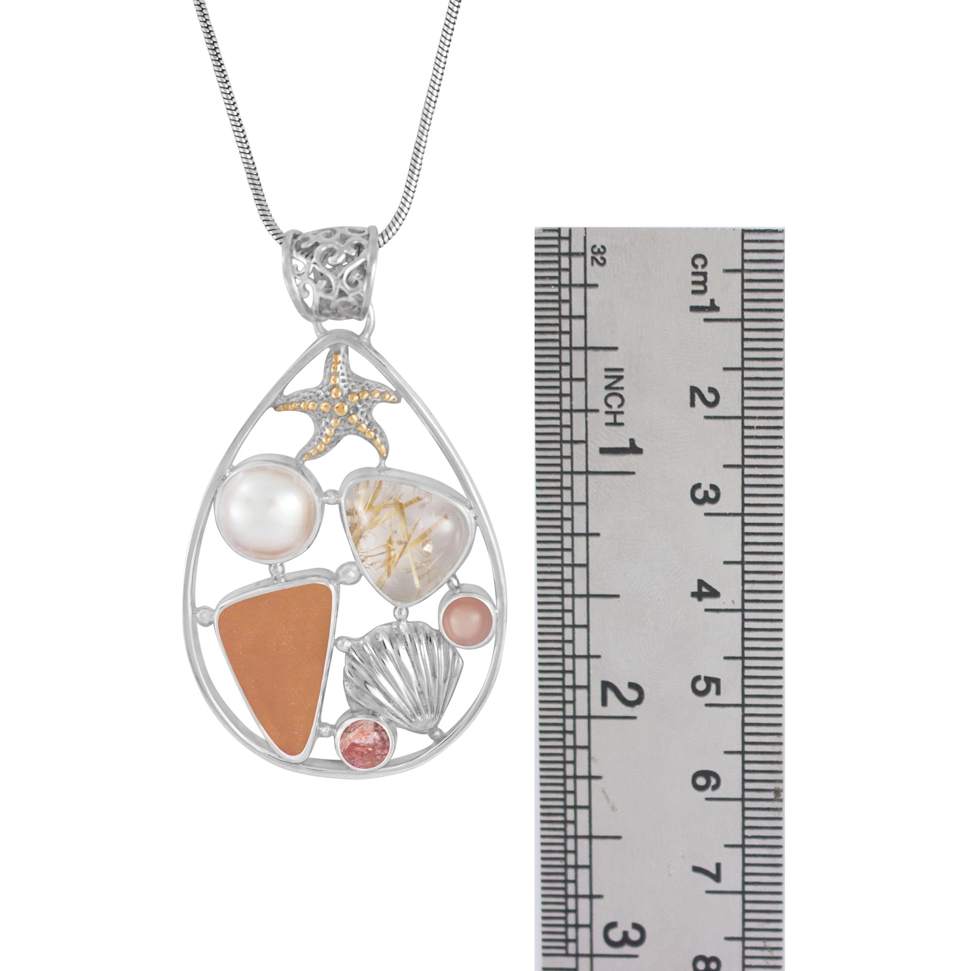 Sterling Silver Pendant With Sea Glass Brown, Rhutilated Quartz, Pearl,