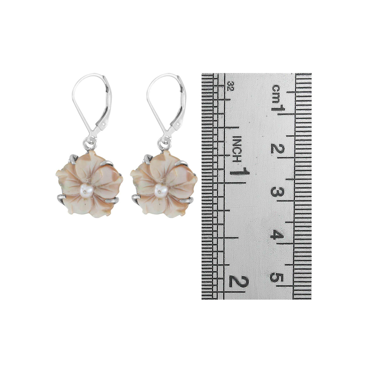 Sterling Silver Pink Carved Flower Stud Earring With Mother of Pearl Flower Pink Stone, And Bead Pearl Pink