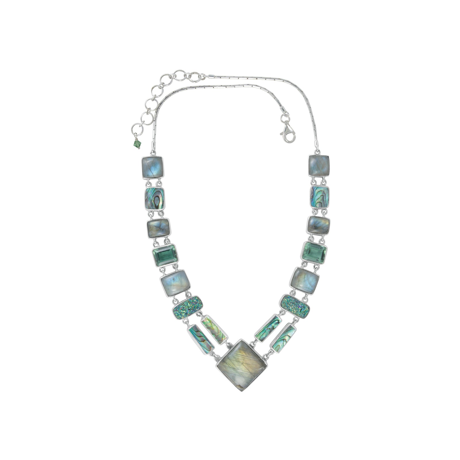 Sterling Silver Necklace With Labradorite, Paua, Druzy Green, Green Quarzt Rectangle
