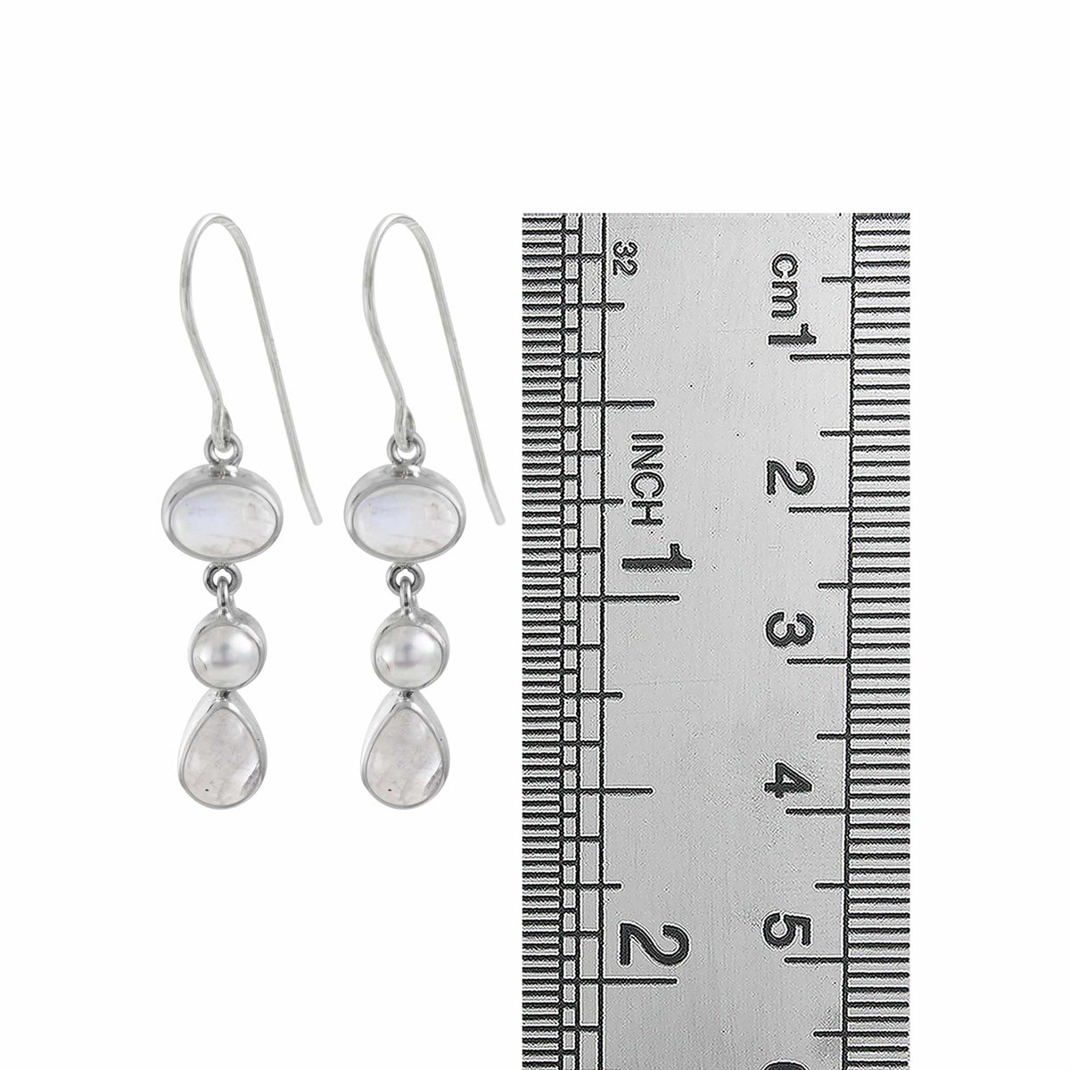 Sterling Silver Earring With 2 Rainbowmoonstone Cabison, Pearl