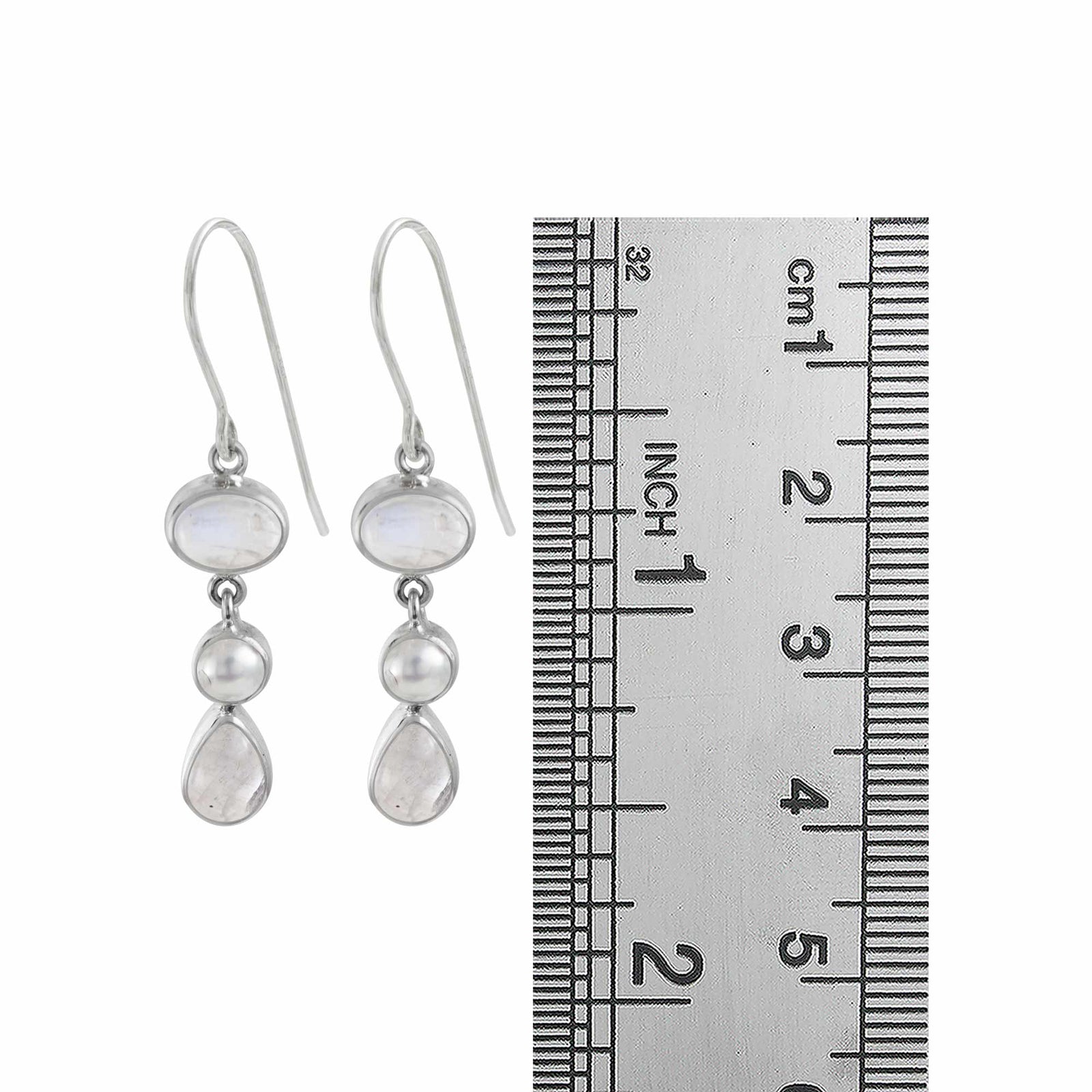 Sterling Silver Earring With 2 Rainbowmoonstone Cabison, Pearl