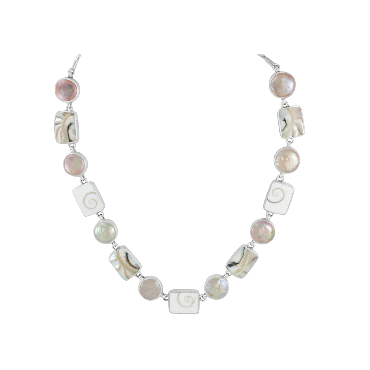 Sterling Silver Necklace With Shell Spiral, Shell Nautilas &amp; Pearl