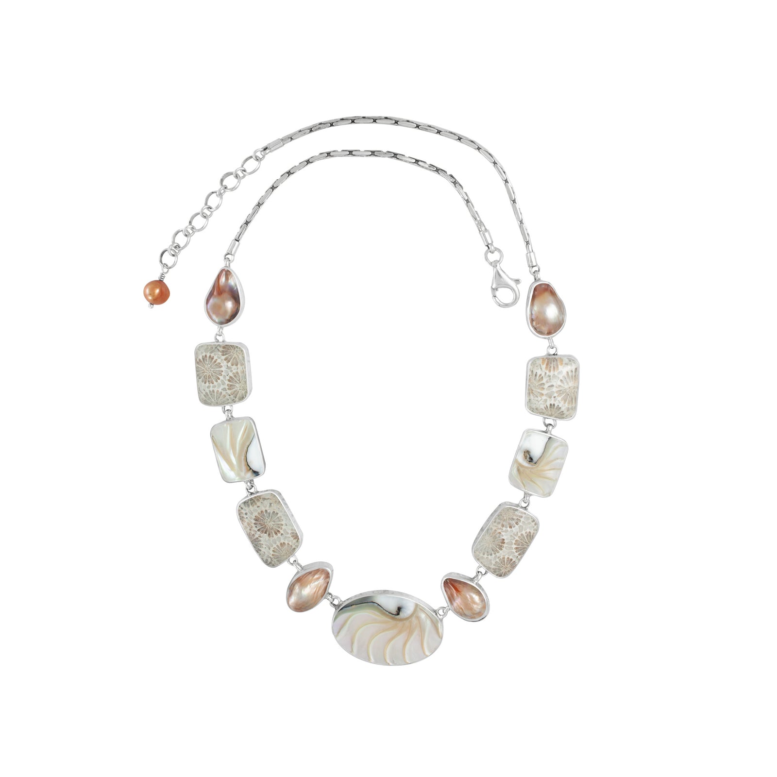 Sterling Silver Necklace With Fossilezed Palm, Peach Moon, Blister Pearl