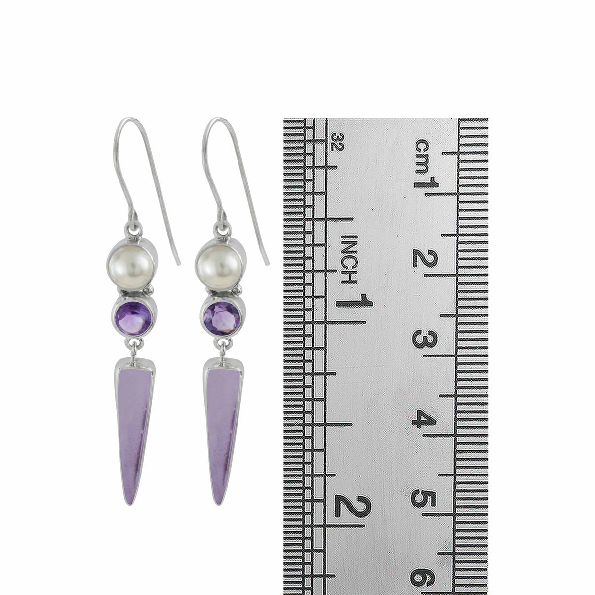 Sterling Silver Earring With Pearl, Amethyst Round, Sea Glass Lavender Drop