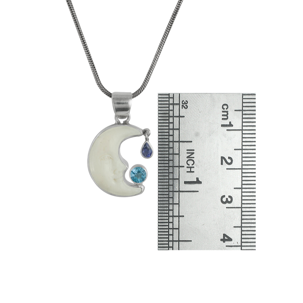 Sterling Silver Haf Moon Face With Iolite Peaar Facet, Amethyst Pear Briolet