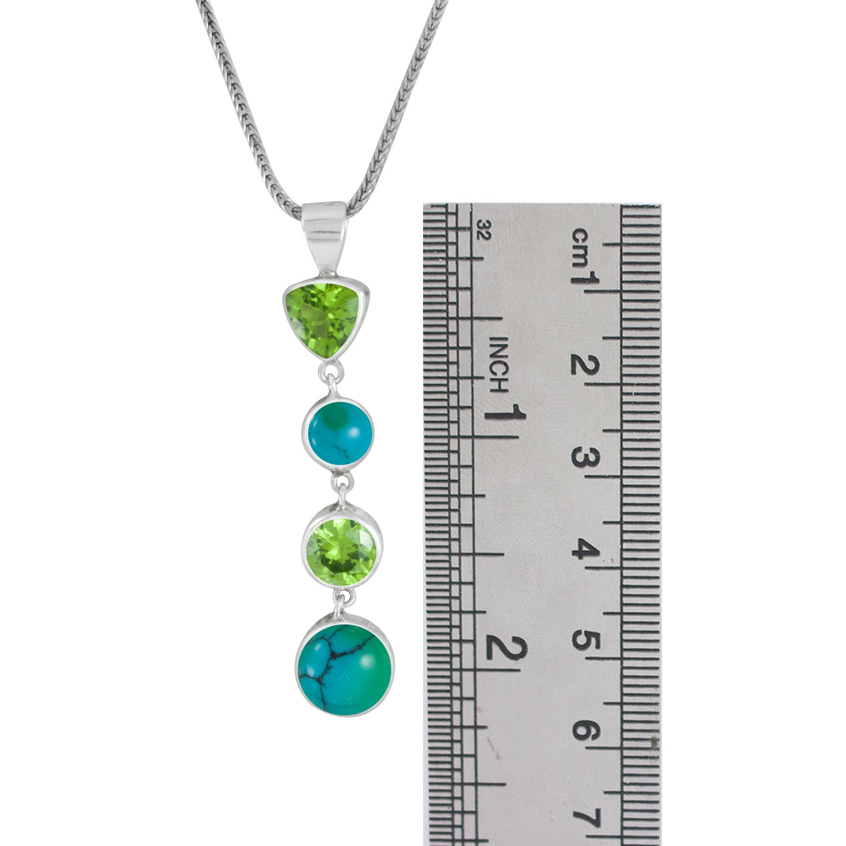 Sterling Silver Pendant With Peridot Triangle And Round Facet, 2 Turquoise Round