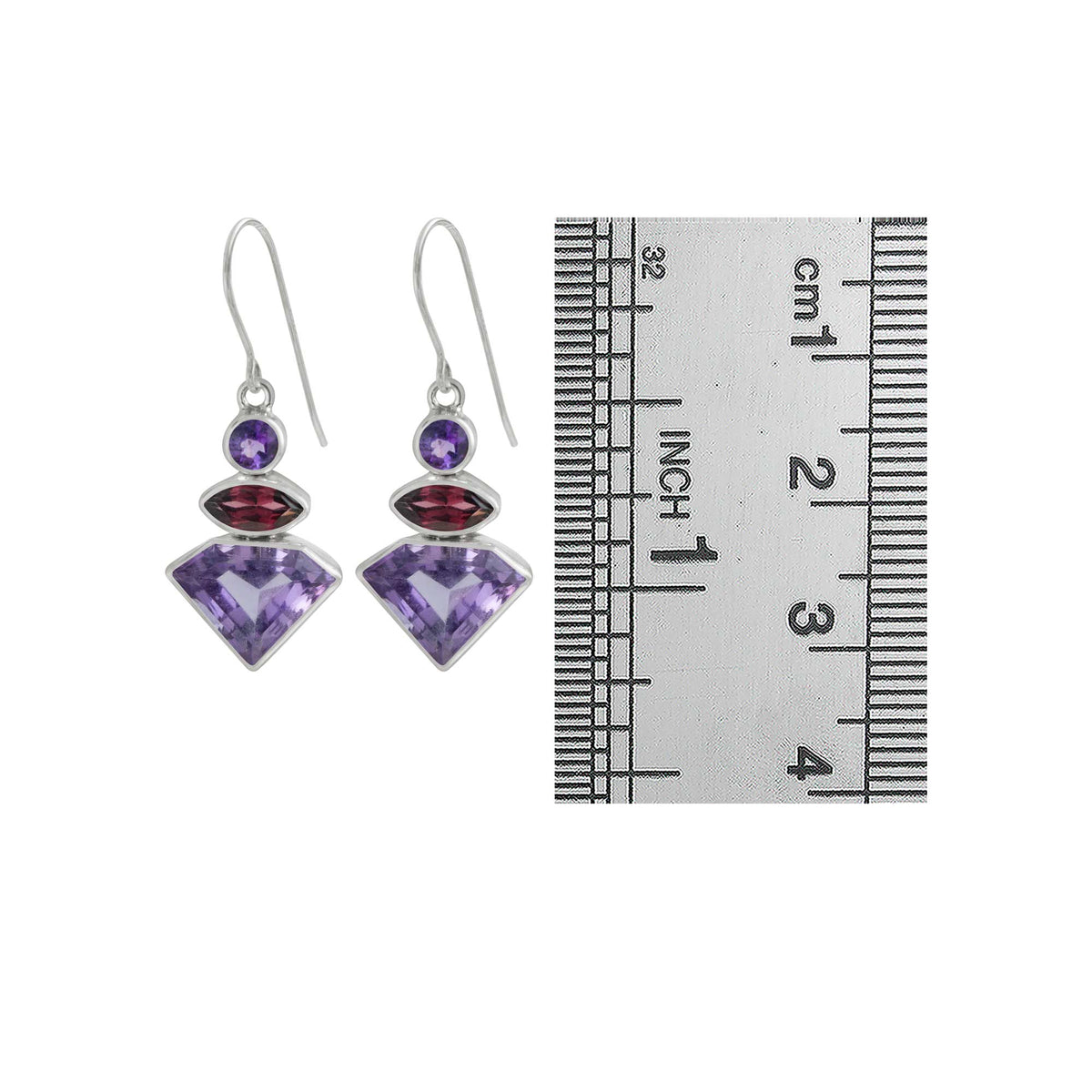 Sterling Silver Earring With Amethyst Round And Marquise, Rhodolite Garnet Marquise Facet