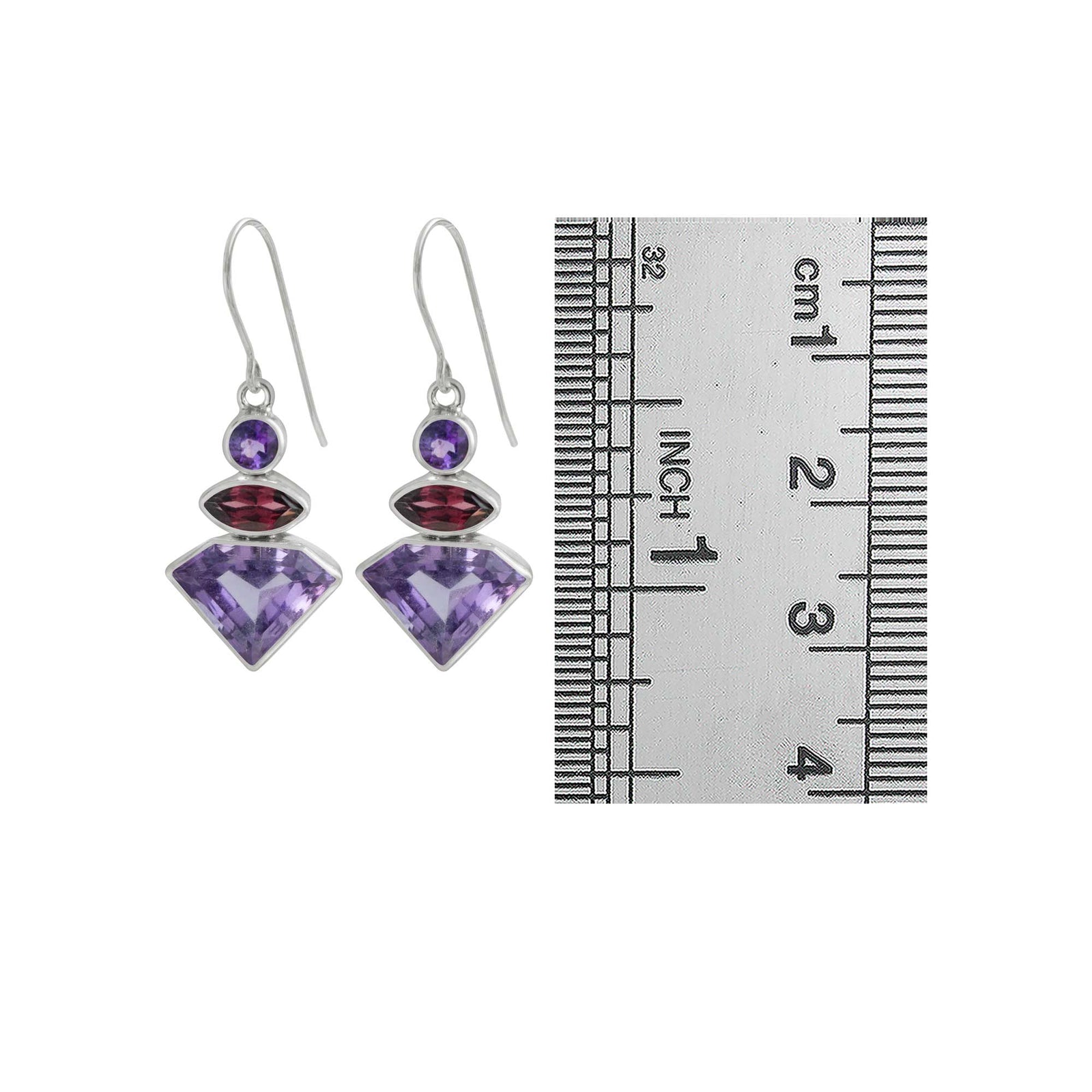 Sterling Silver Earring With Amethyst Round And Marquise, Rhodolite Garnet Marquise Facet