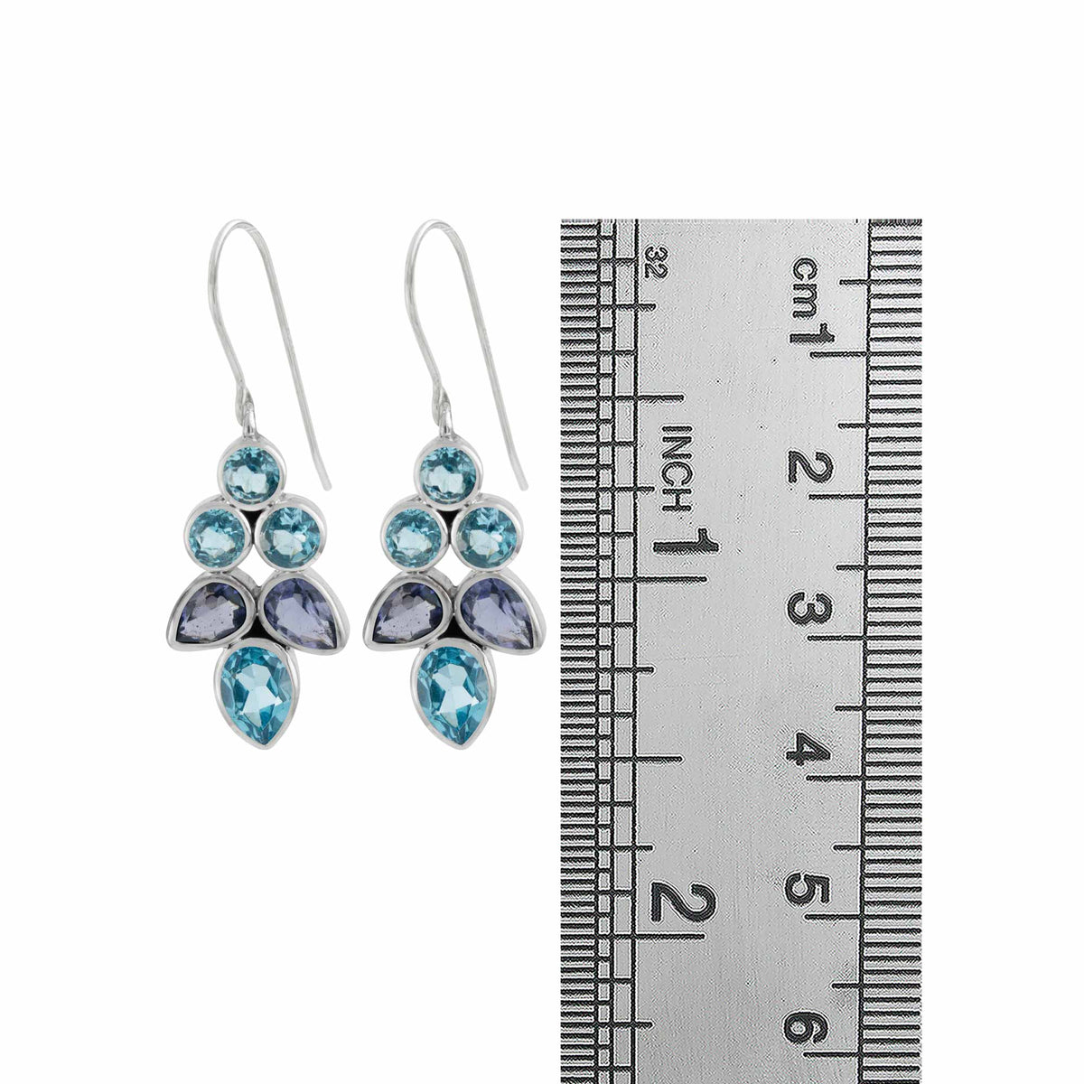 Sterling Silver Earring With  Iolite &amp; Blue Topaz Pear Facet