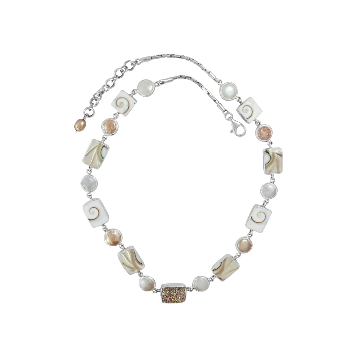 Sterling Silver Necklace With Druzy Streaberry Mocha Cuhion,Shell Spriral, Nautilas Rectangle, Pearl