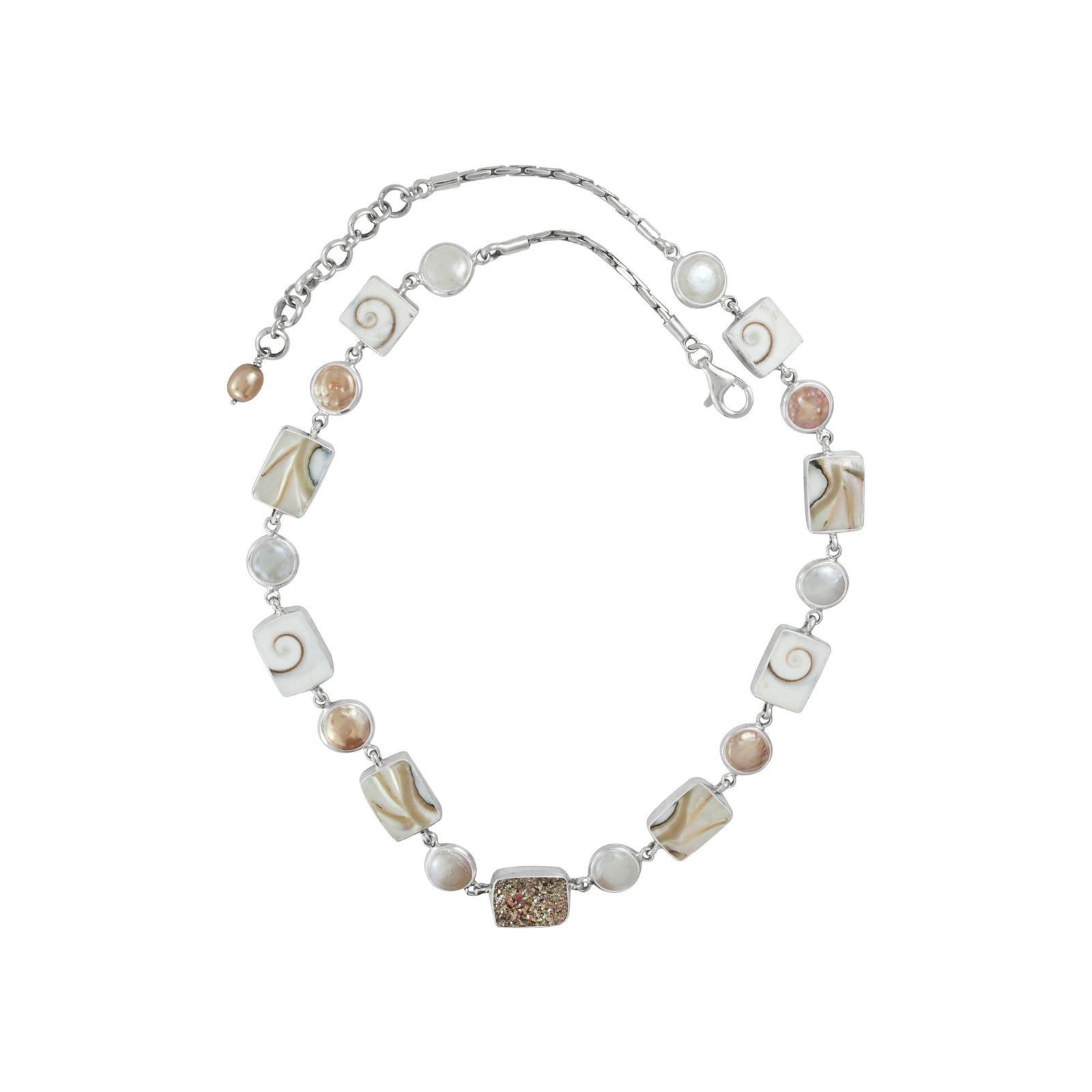 Sterling Silver Necklace With Druzy Streaberry Mocha Cuhion,Shell Spriral, Nautilas Rectangle, Pearl