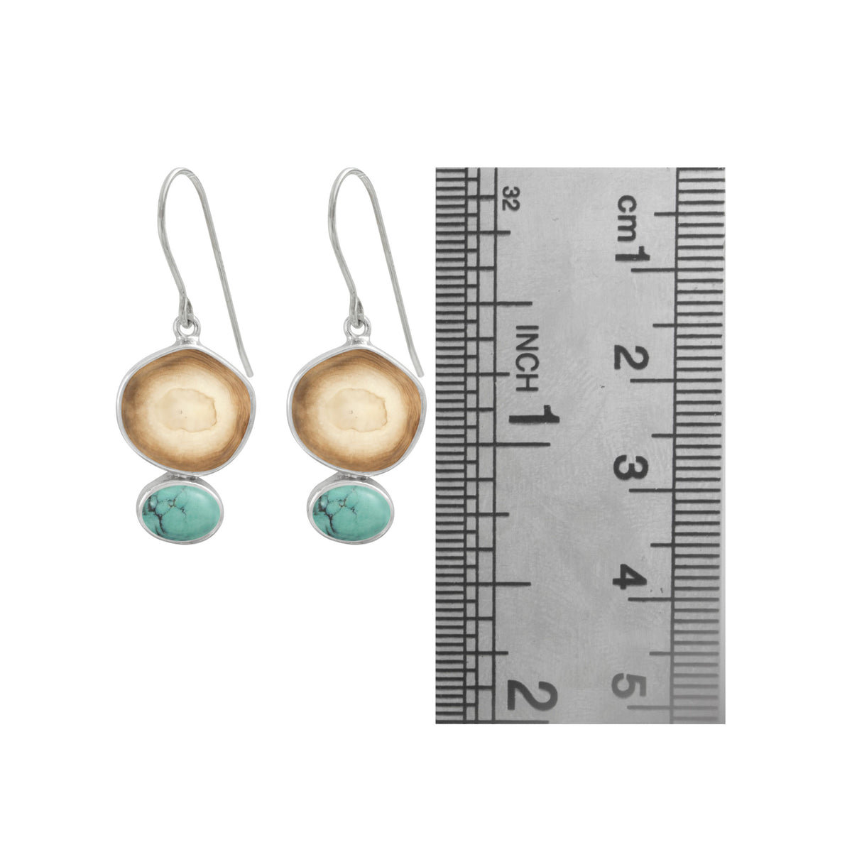 Sterling Silver Earring With Fossil Ivory And Turquoise Oval