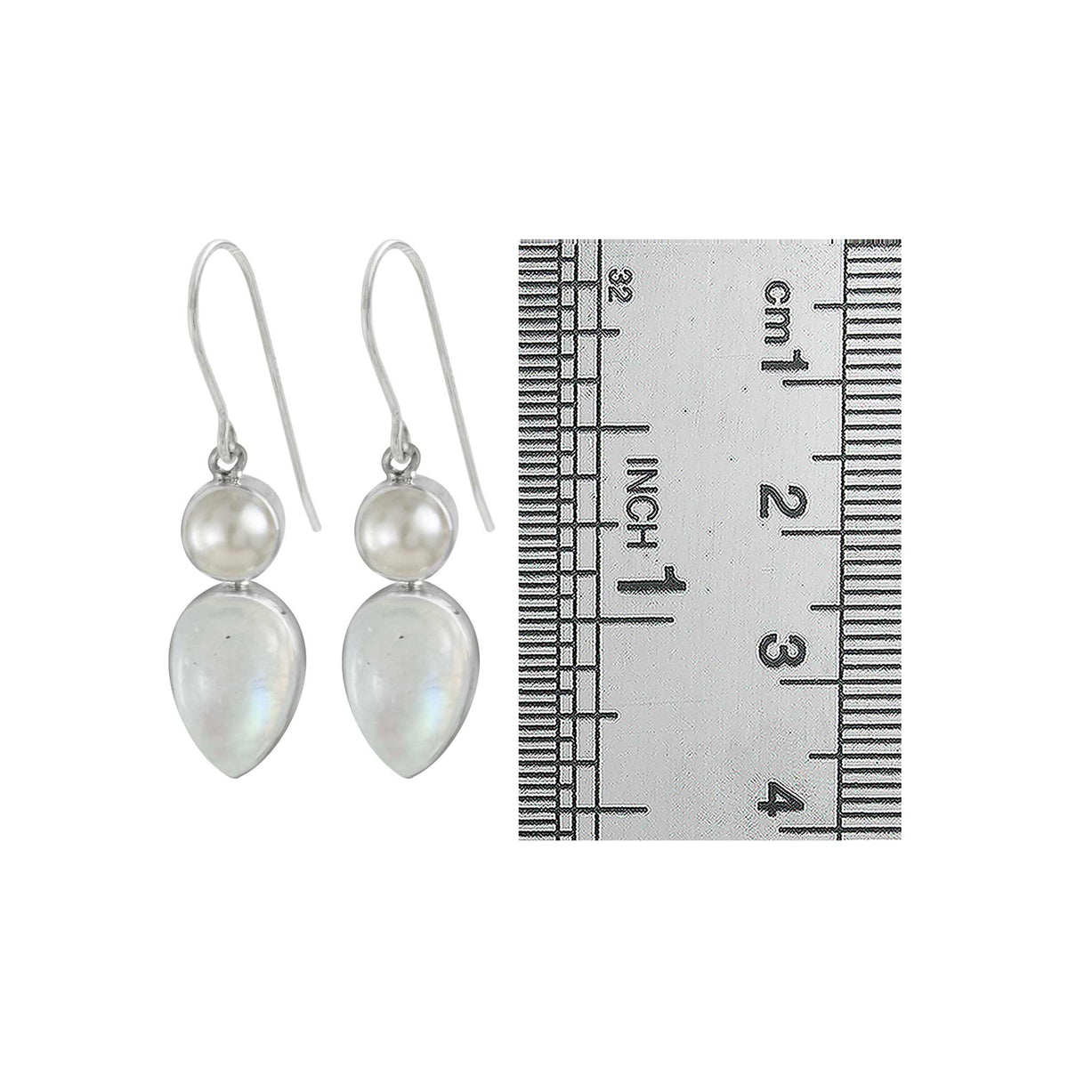 Sterling Silver Earring With Pearl, Rainbowmoon Stone Pear Cabishon