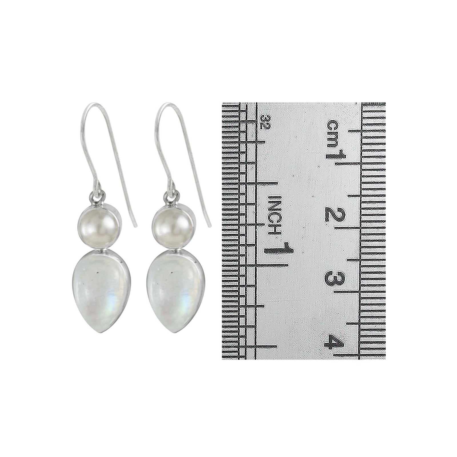 Sterling Silver Earring With Pearl, Rainbowmoon Stone Pear Cabishon