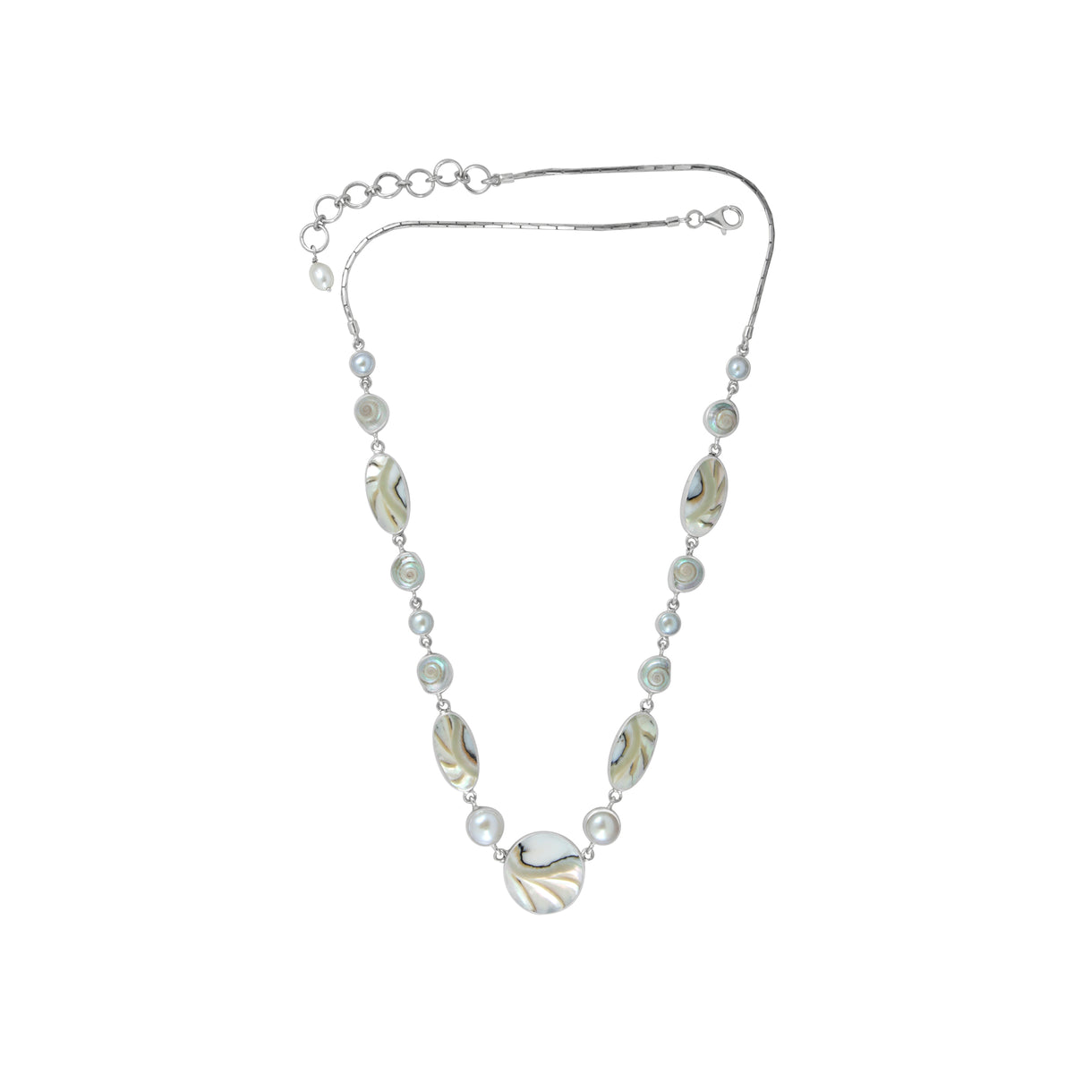 Sterling Silver Necklace With Shell Malabar Turbos, Shell Nautilas Round &amp; Oval, Pearl