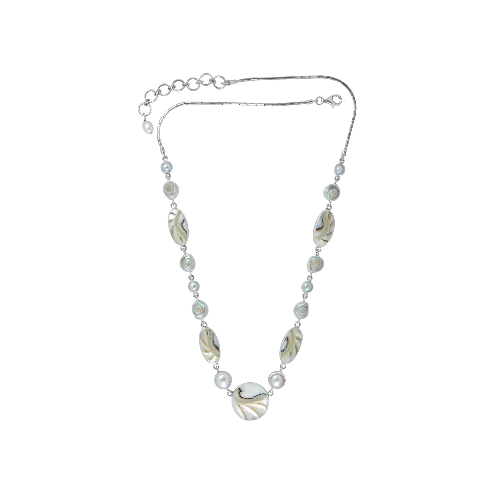 Sterling Silver Necklace With Shell Malabar Turbos, Shell Nautilas Round & Oval, Pearl