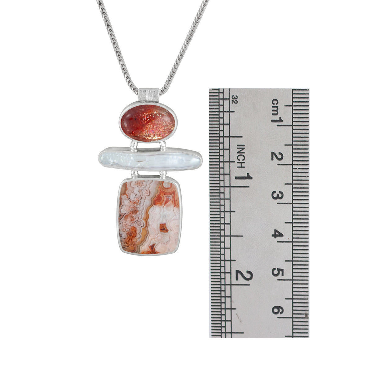 Sterling Silver Pendant With Suns Stone Oval, Pearl, Crazy Lace Agate