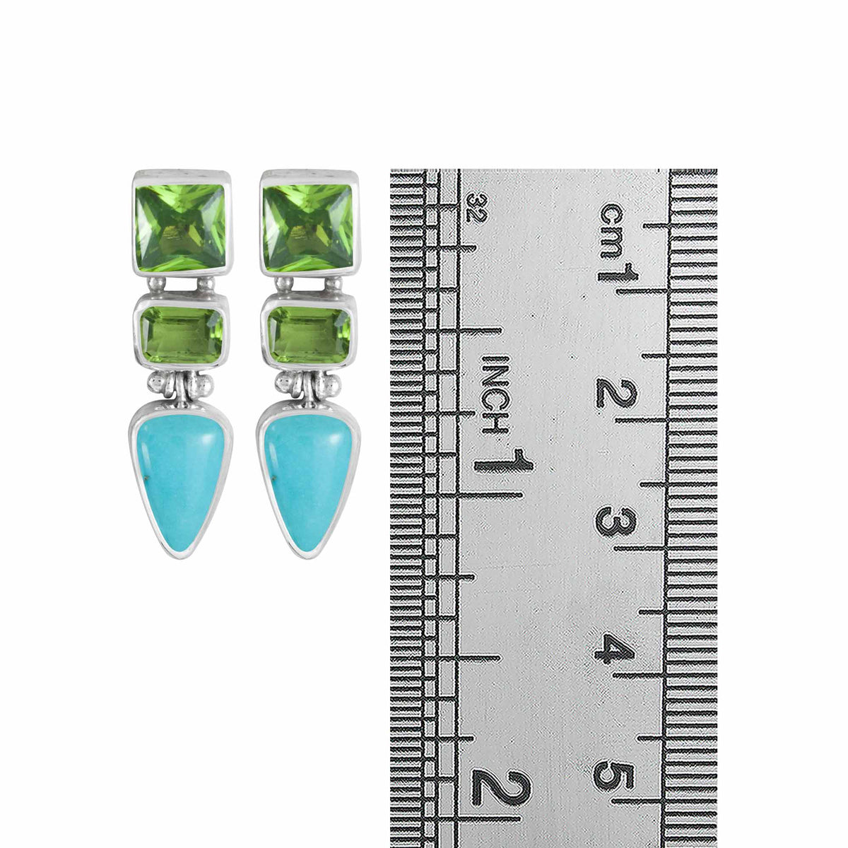 Sterling Silver Earring With 2 Peridot Facet, Turquoise Tongue