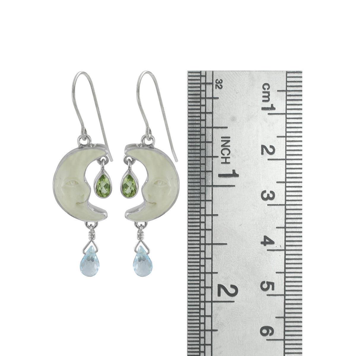 Sterling Silver Half Moon Face Earring With Peridot Pear Facet, Blue Topaz Briolet