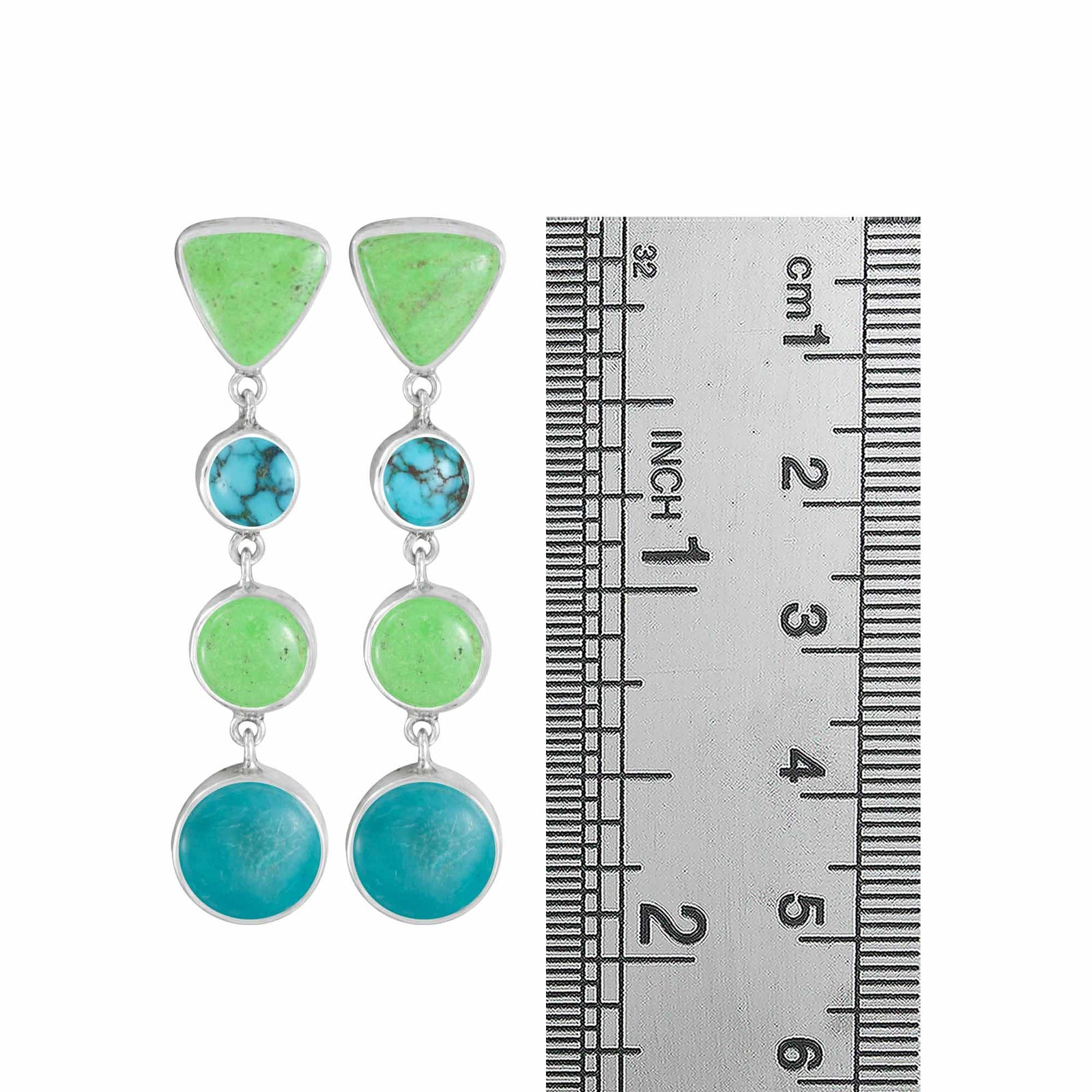 Sterling Silver Earring With Gaspiete Triangle & Round, 2 Turquoise Round