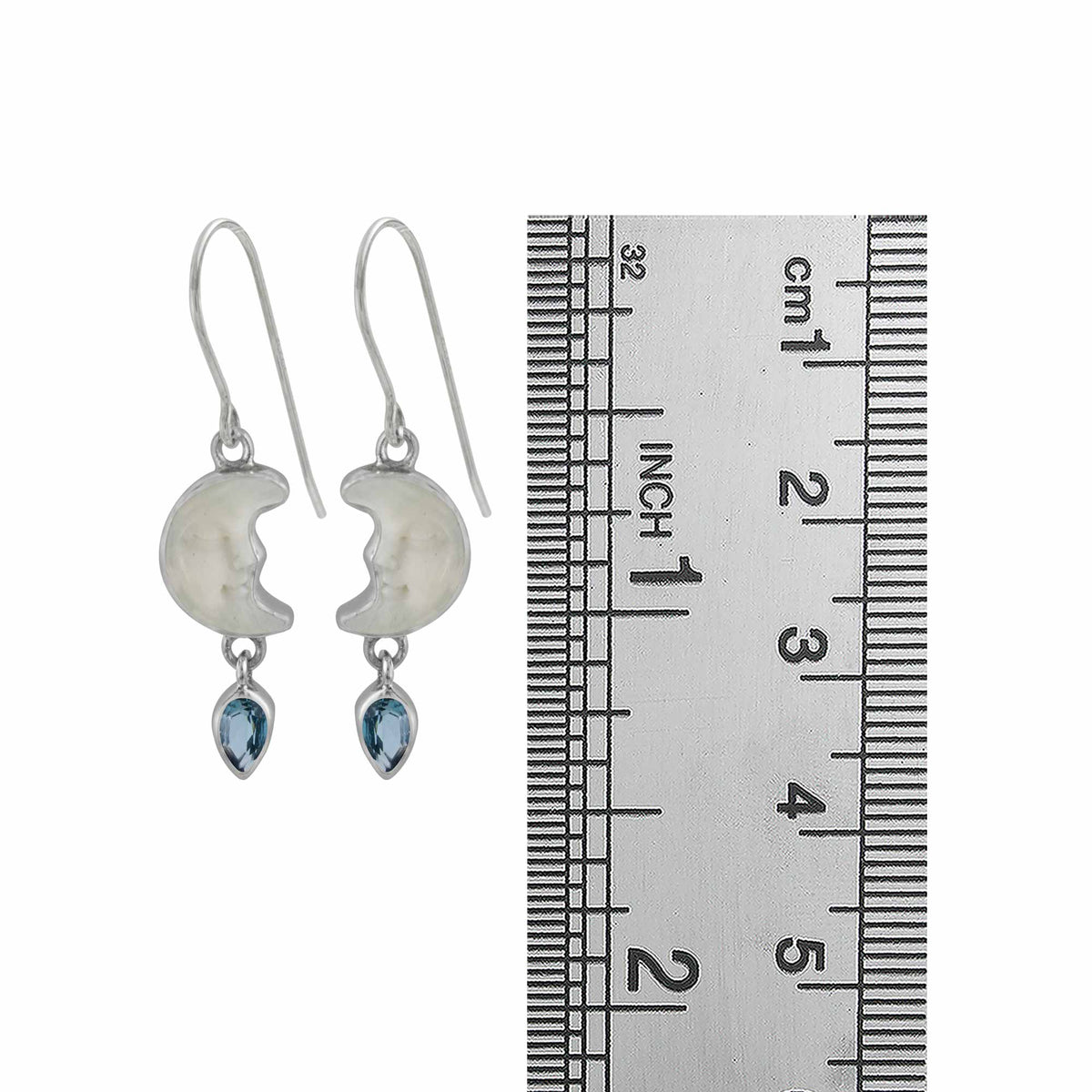 Sterling Silver Earring Half Moon Face With Blue Topaz Pear Facet